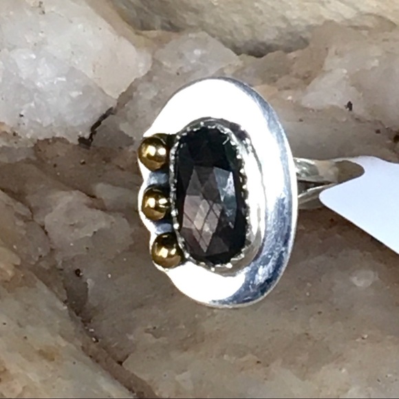 FACETED BLACK SAPPHIRE two tone sterling ring 6.5 - Picture 5 of 7